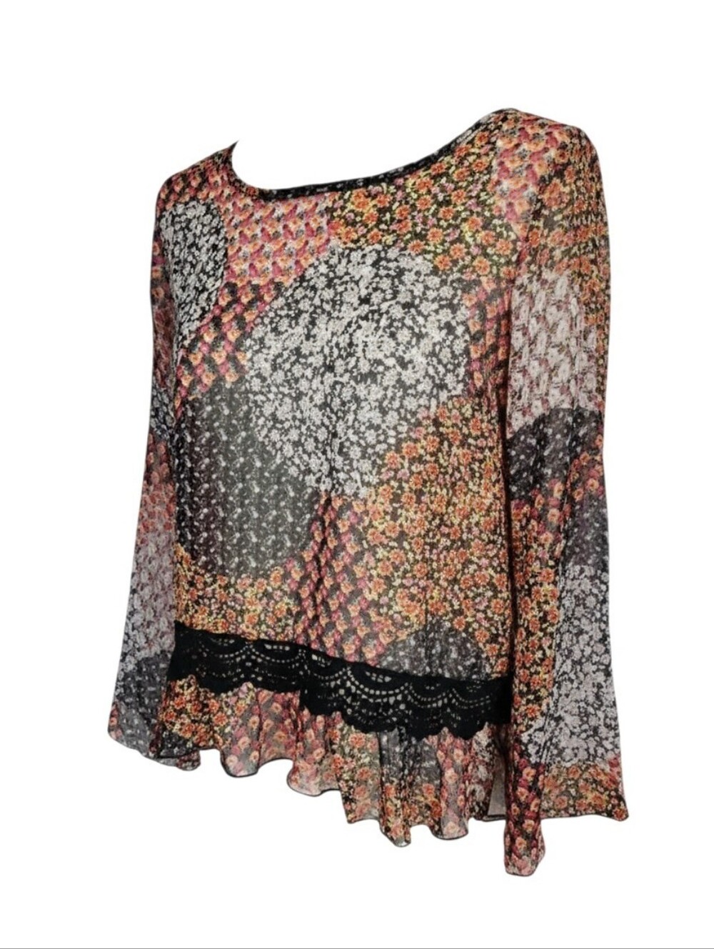 cha cha vente Black Multi Sheer Mixed Floral Blouse Scalloped Lace Hem Boho, PS